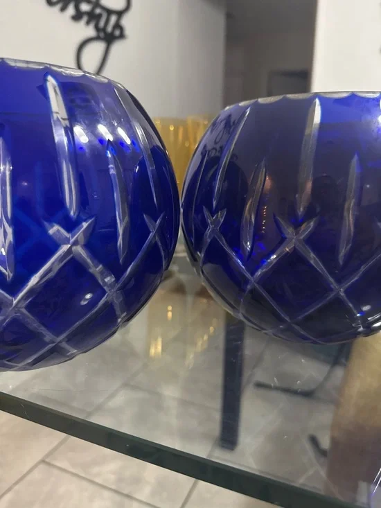 Cobalt Blue Cut Glass 2 Vases